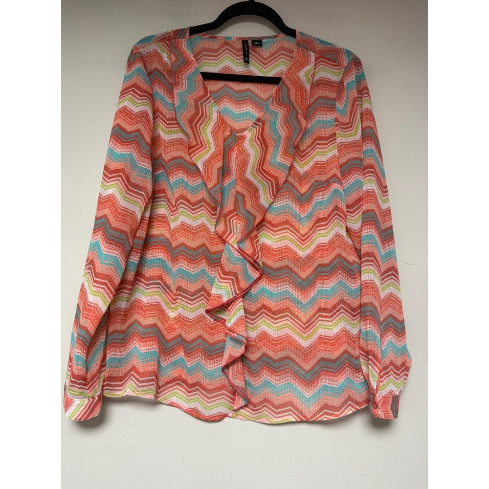 New Directions Womens Sheer Chevron Print Ruffle Front Blouse Top Plus L